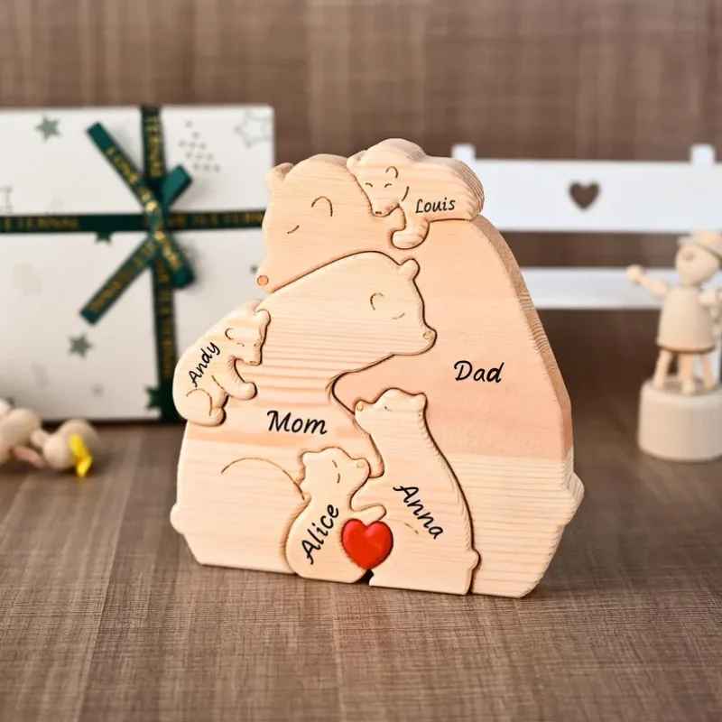 Familjepussel i trä med björnar