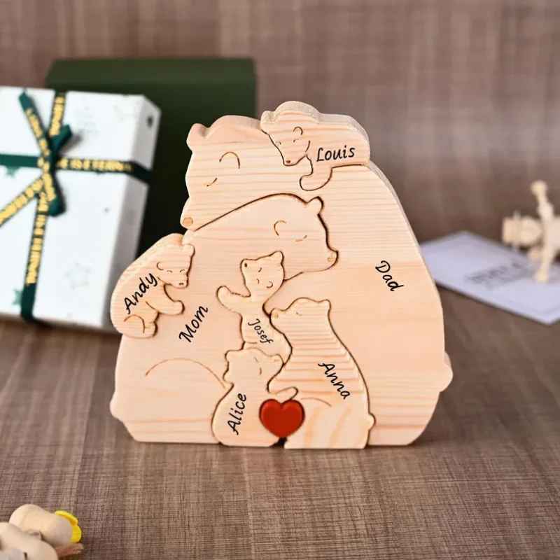 Familjepussel i trä med björnar